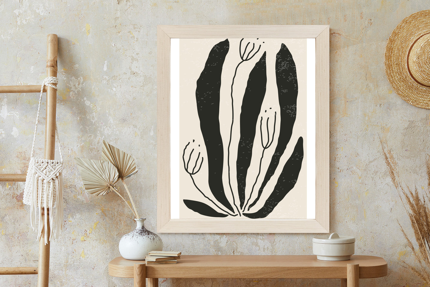 Poster Große Schwarze Blätter Und Blüten Im Matisse-Stil