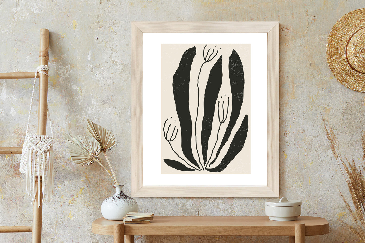 Poster Große Schwarze Blätter Und Blüten Im Matisse-Stil
