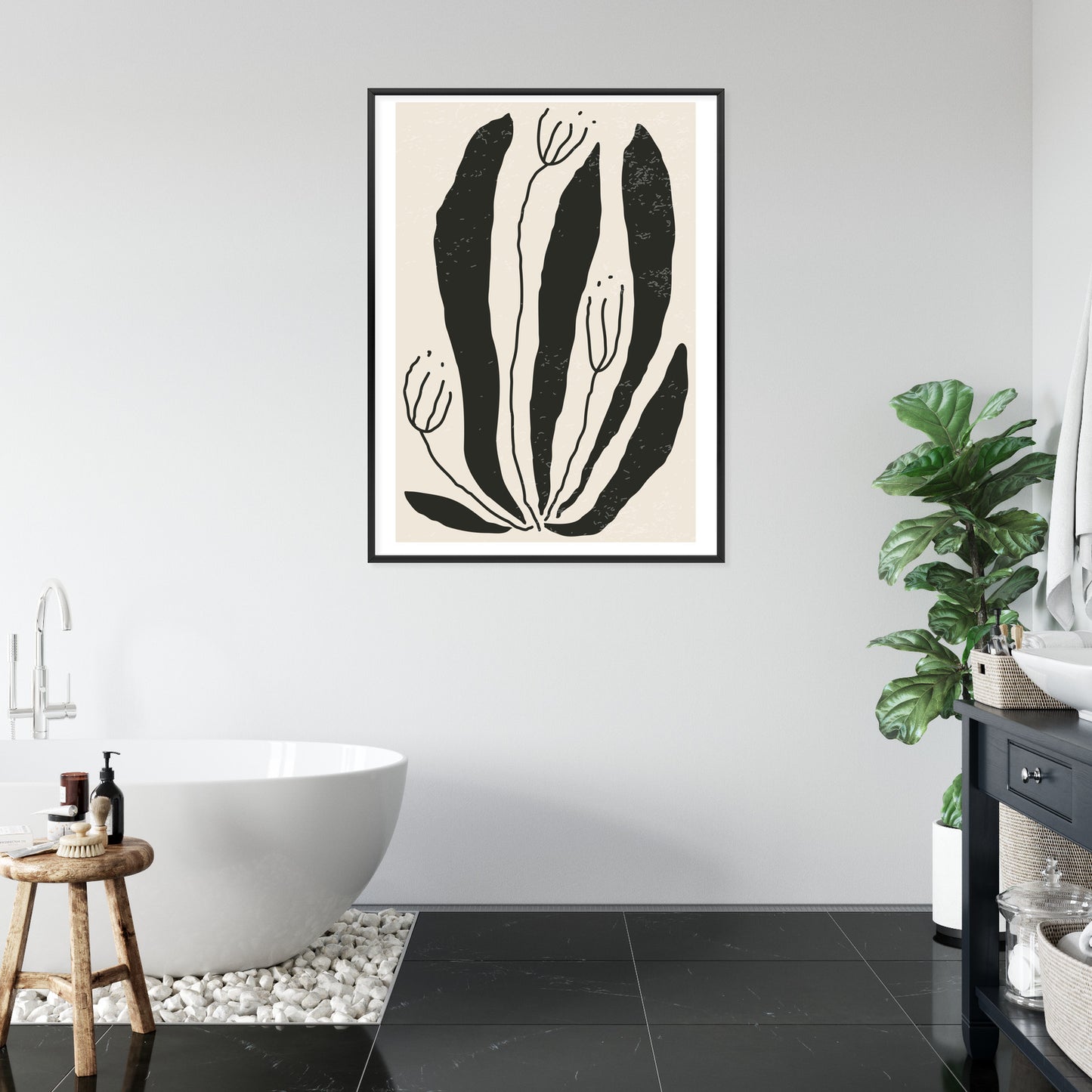 Poster Große Schwarze Blätter Und Blüten Im Matisse-Stil
