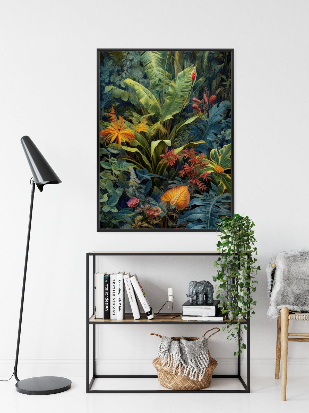 Poster Pflanzen Und Blätter In Einem Farbenfrohen Tropischen Dschungel Rahmen Holz Mit Passepartout Farbe Natürlich