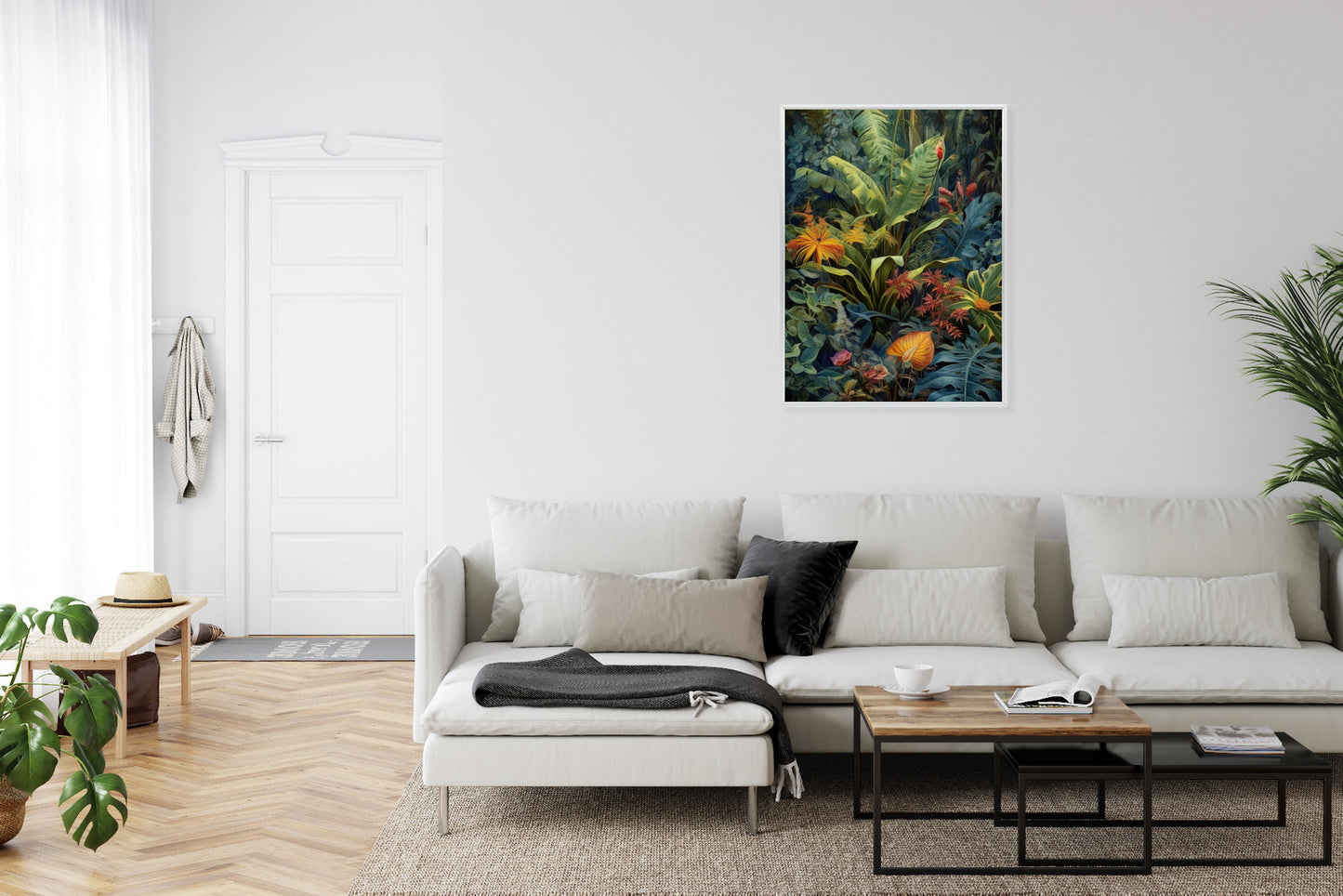 Poster Pflanzen Und Blätter In Einem Farbenfrohen Tropischen Dschungel Rahmen Holz Mit Passepartout Farbe Natürlich