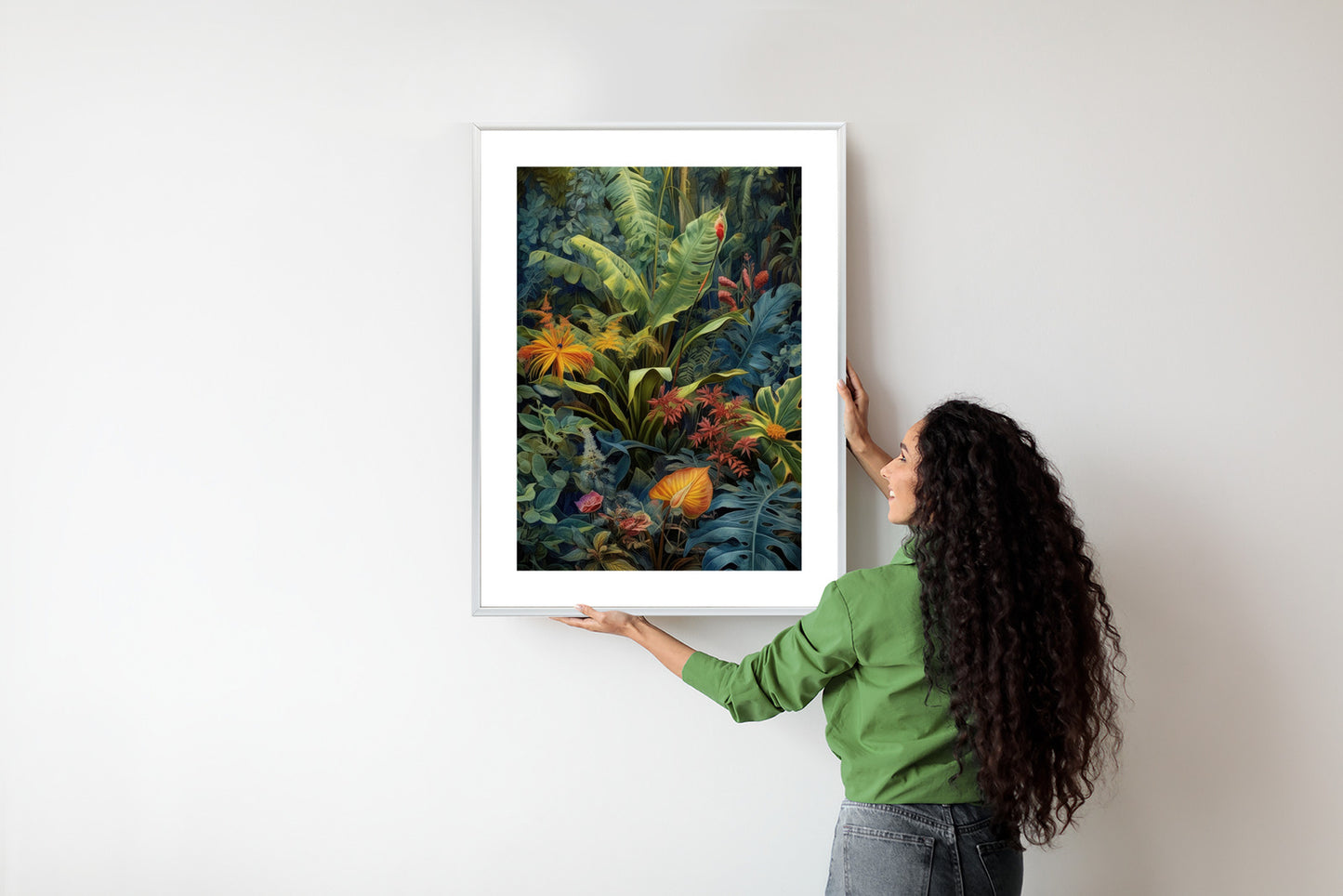 Poster Pflanzen Und Blätter In Einem Farbenfrohen Tropischen Dschungel Rahmen Holz Mit Passepartout Farbe Natürlich
