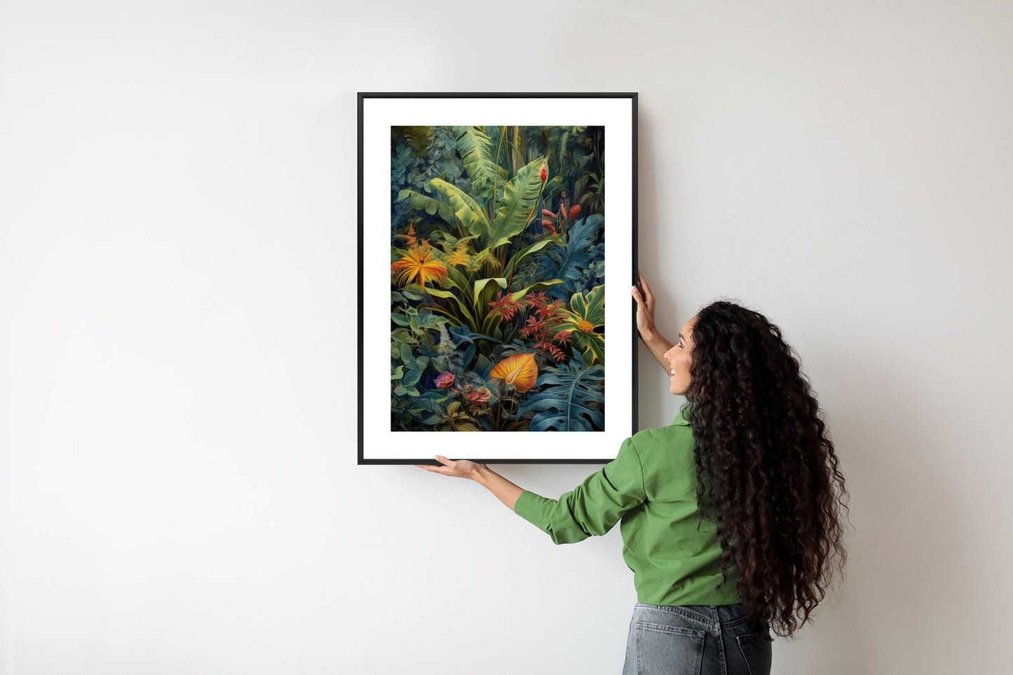 Poster Pflanzen Und Blätter In Einem Farbenfrohen Tropischen Dschungel Rahmen Holz Mit Passepartout Farbe Natürlich