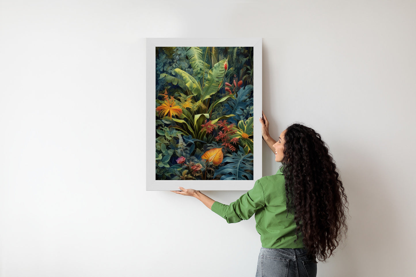Poster Pflanzen Und Blätter In Einem Farbenfrohen Tropischen Dschungel Rahmen Holz Mit Passepartout Farbe Natürlich