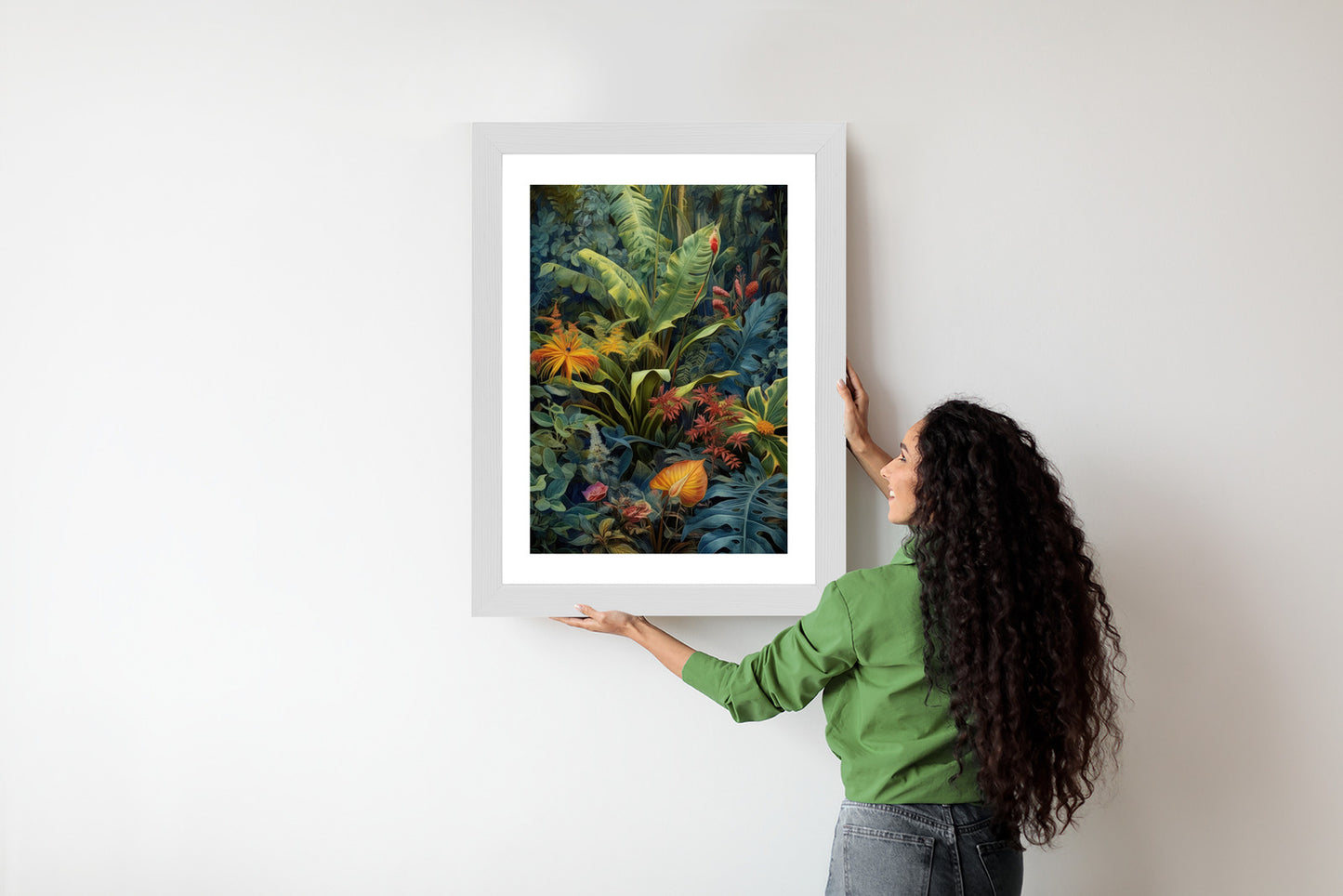 Poster Pflanzen Und Blätter In Einem Farbenfrohen Tropischen Dschungel Rahmen Holz Mit Passepartout Farbe Natürlich