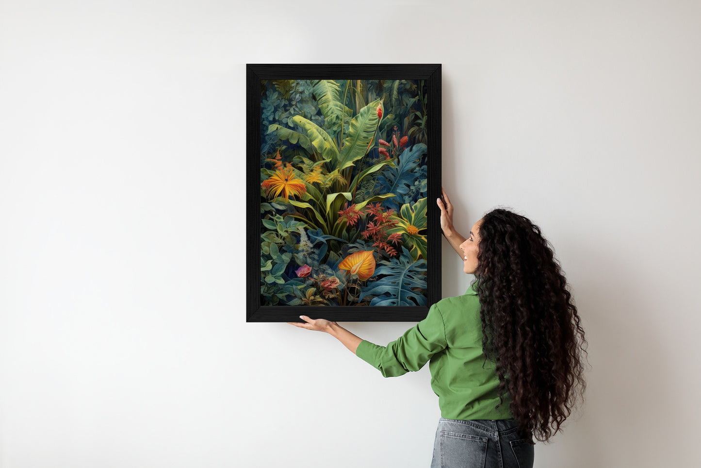 Poster Pflanzen Und Blätter In Einem Farbenfrohen Tropischen Dschungel Rahmen Holz Mit Passepartout Farbe Natürlich