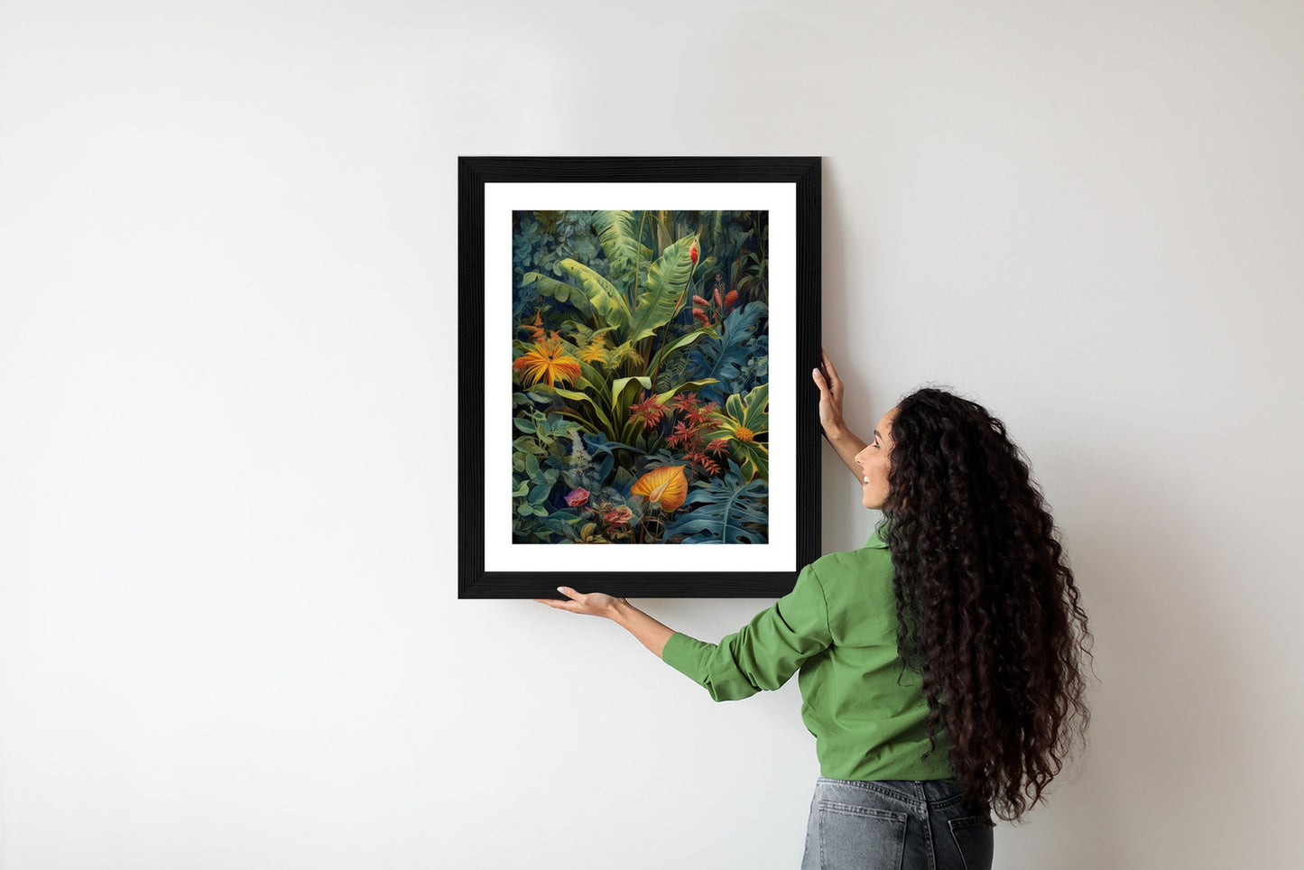 Poster Pflanzen Und Blätter In Einem Farbenfrohen Tropischen Dschungel Rahmen Holz Mit Passepartout Farbe Natürlich