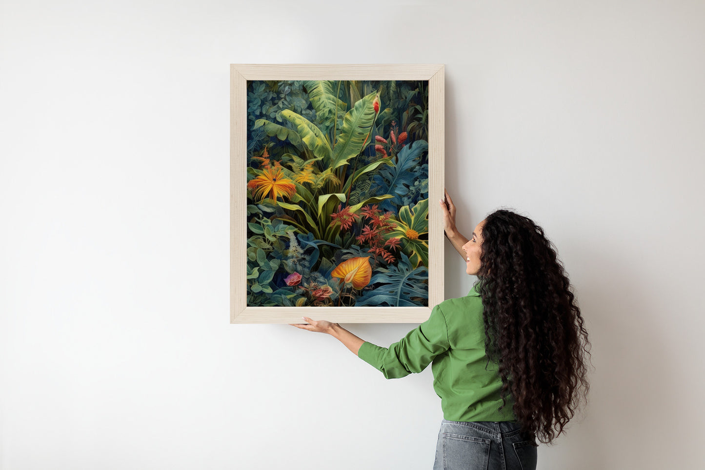 Poster Pflanzen Und Blätter In Einem Farbenfrohen Tropischen Dschungel Rahmen Holz Mit Passepartout Farbe Natürlich