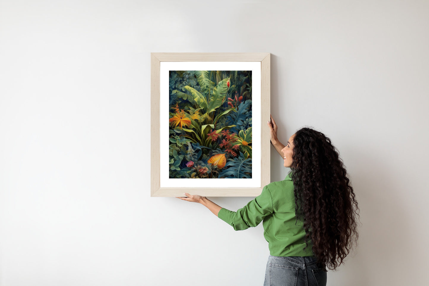 Poster Pflanzen Und Blätter In Einem Farbenfrohen Tropischen Dschungel Rahmen Holz Mit Passepartout Farbe Natürlich