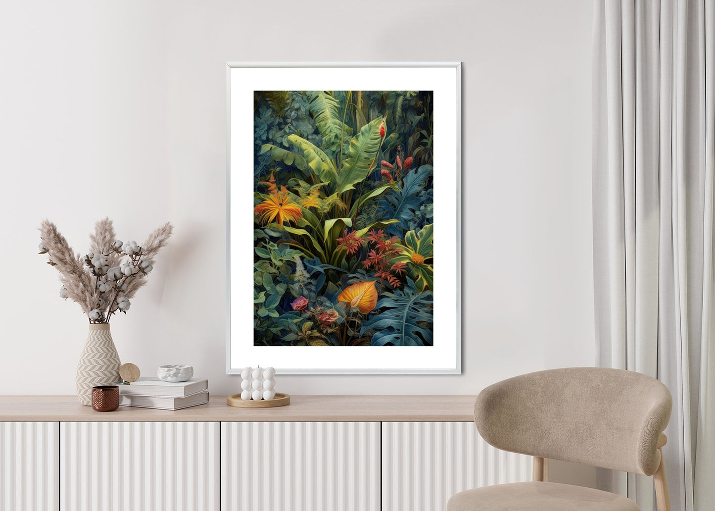 Poster Pflanzen Und Blätter In Einem Farbenfrohen Tropischen Dschungel Rahmen Holz Mit Passepartout Farbe Natürlich