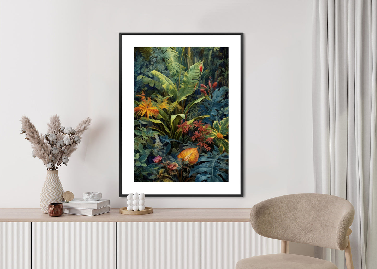 Poster Pflanzen Und Blätter In Einem Farbenfrohen Tropischen Dschungel Rahmen Holz Mit Passepartout Farbe Natürlich