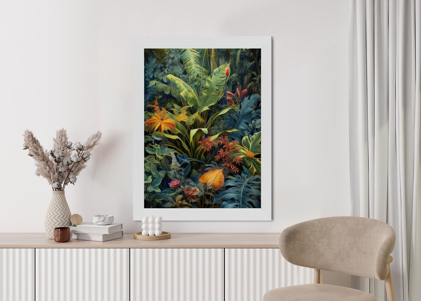Poster Pflanzen Und Blätter In Einem Farbenfrohen Tropischen Dschungel Rahmen Holz Mit Passepartout Farbe Natürlich