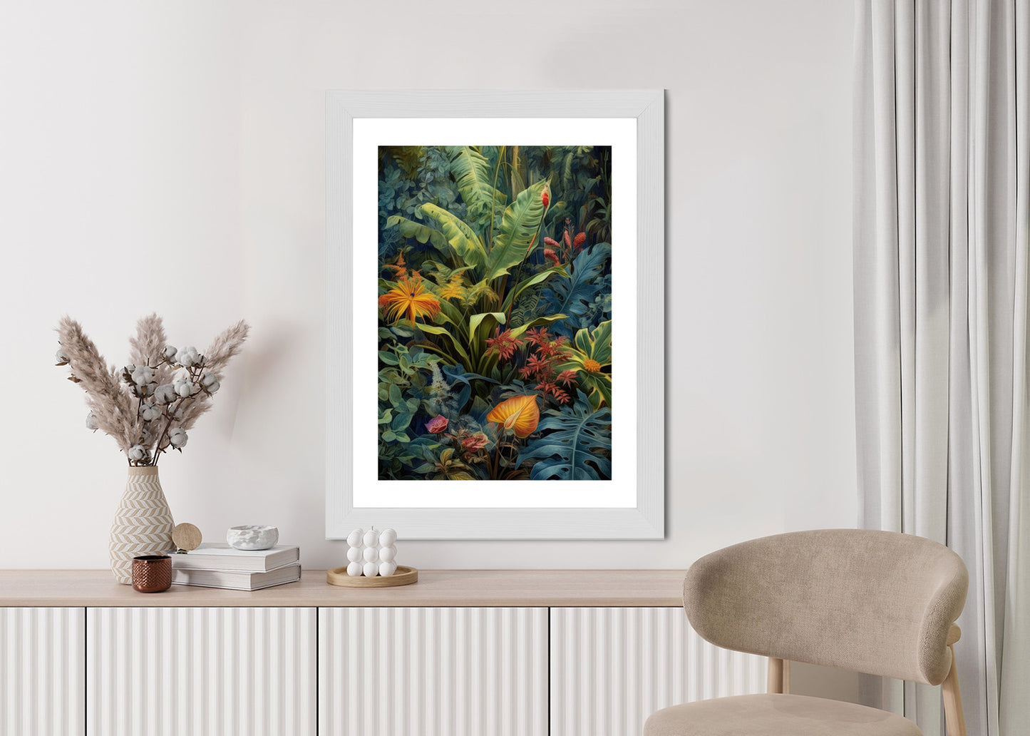 Poster Pflanzen Und Blätter In Einem Farbenfrohen Tropischen Dschungel Rahmen Holz Mit Passepartout Farbe Natürlich