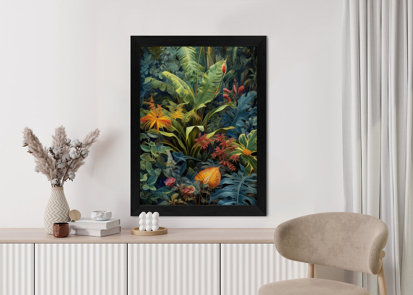Poster Pflanzen Und Blätter In Einem Farbenfrohen Tropischen Dschungel Rahmen Holz Mit Passepartout Farbe Natürlich