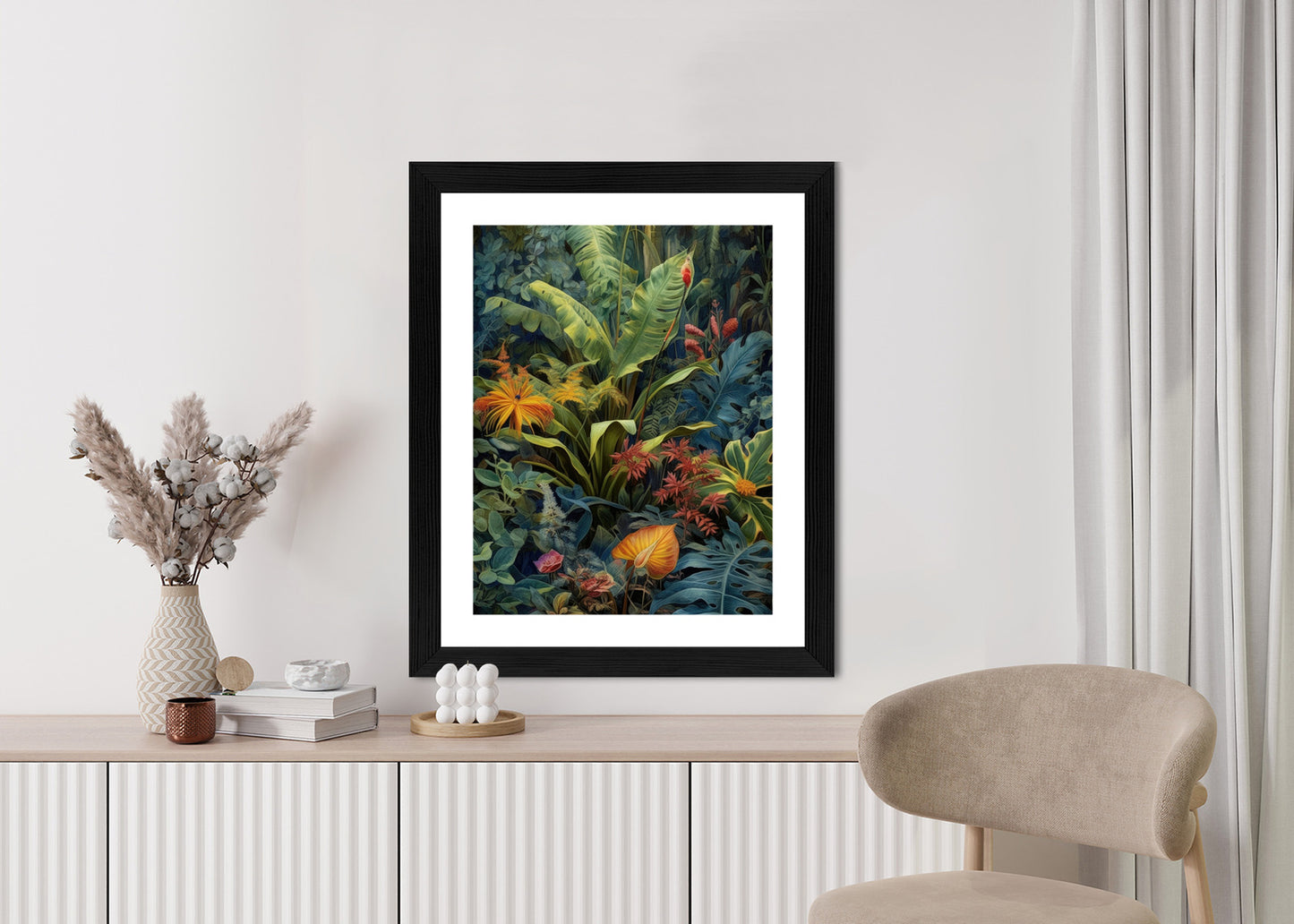 Poster Pflanzen Und Blätter In Einem Farbenfrohen Tropischen Dschungel Rahmen Holz Mit Passepartout Farbe Natürlich