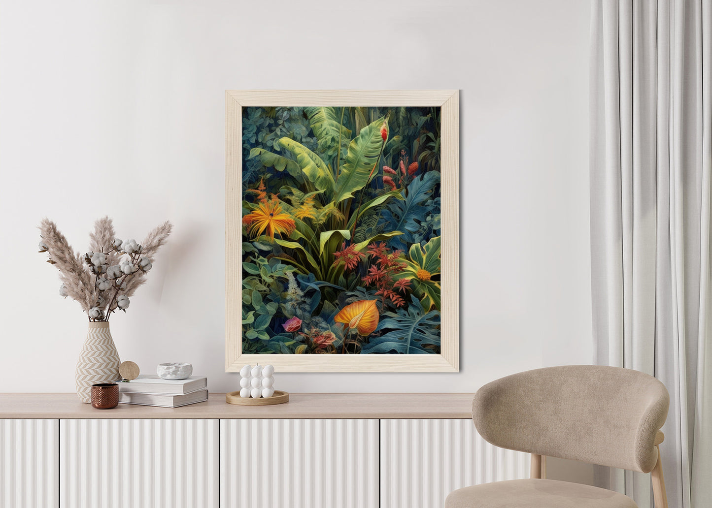 Poster Pflanzen Und Blätter In Einem Farbenfrohen Tropischen Dschungel Rahmen Holz Mit Passepartout Farbe Natürlich