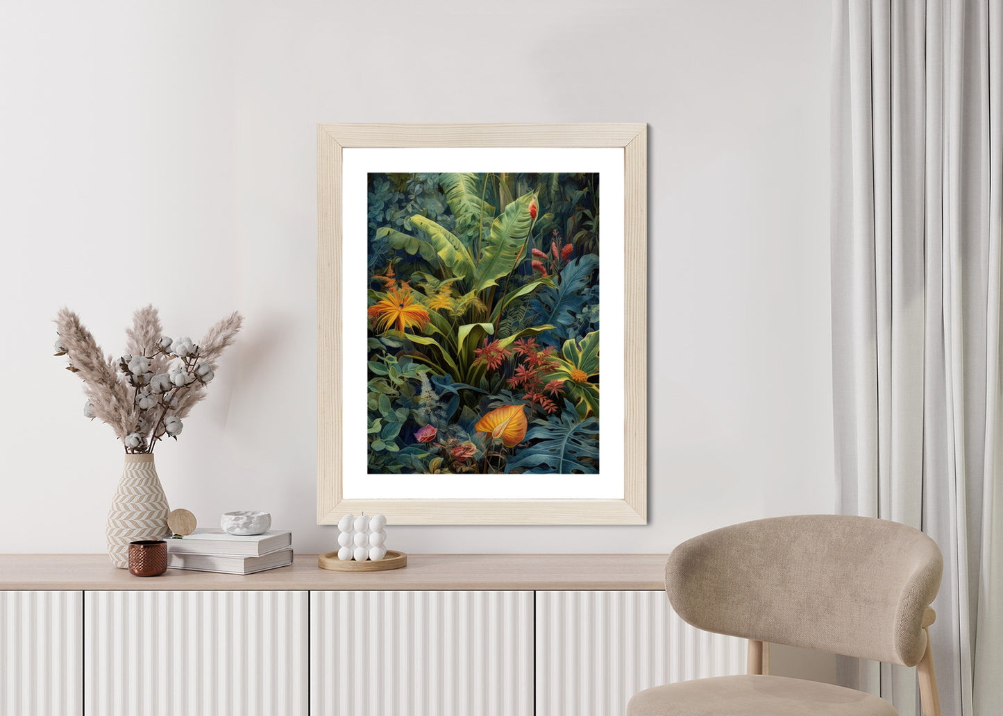 Poster Pflanzen Und Blätter In Einem Farbenfrohen Tropischen Dschungel Rahmen Holz Mit Passepartout Farbe Natürlich