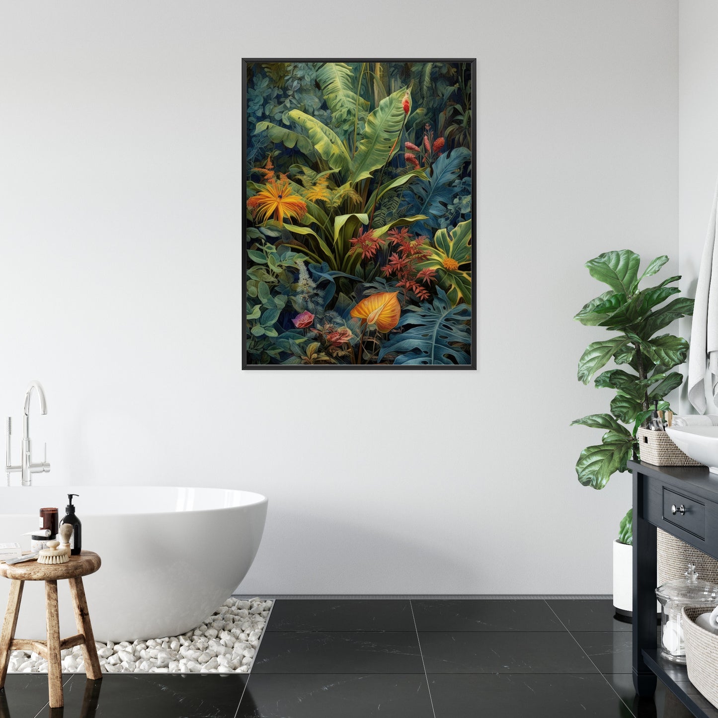 Poster Pflanzen Und Blätter In Einem Farbenfrohen Tropischen Dschungel Rahmen Holz Mit Passepartout Farbe Natürlich
