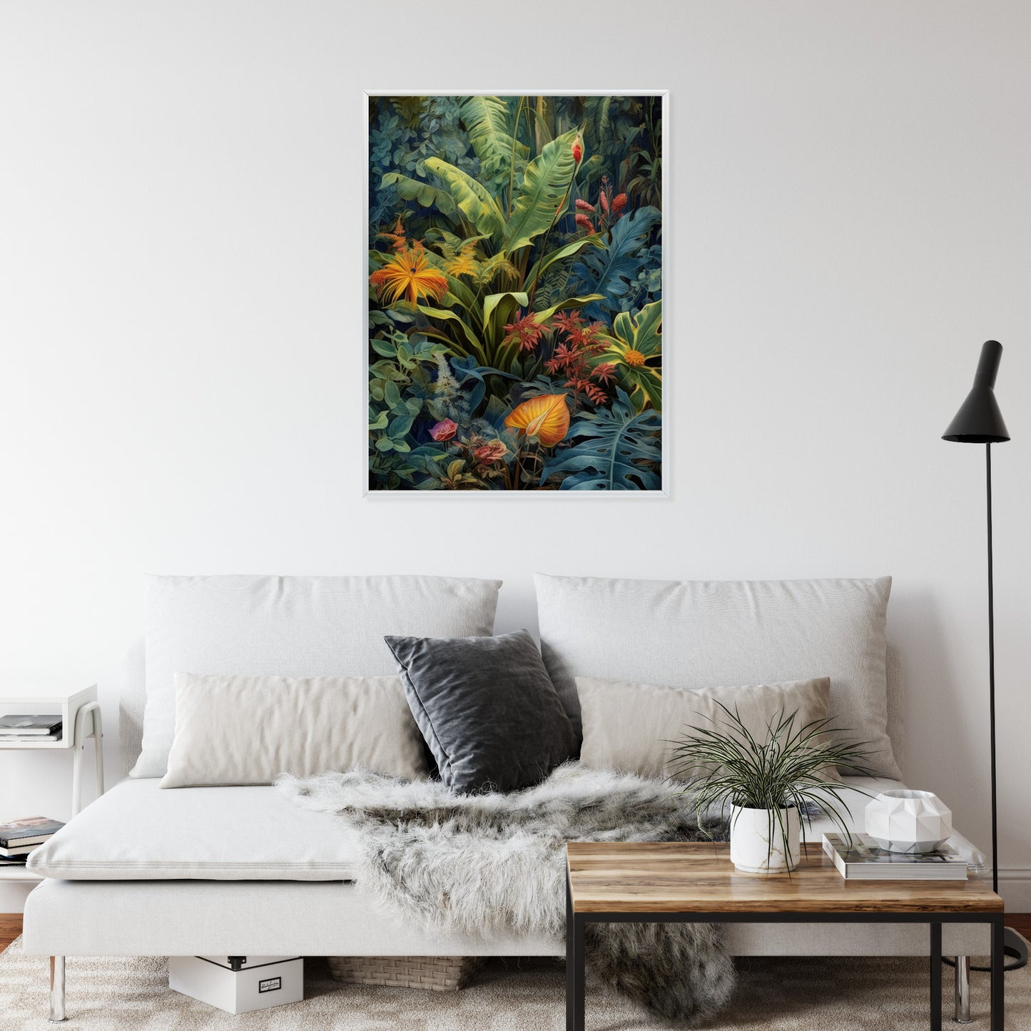 Poster Pflanzen Und Blätter In Einem Farbenfrohen Tropischen Dschungel Rahmen Holz Mit Passepartout Farbe Natürlich