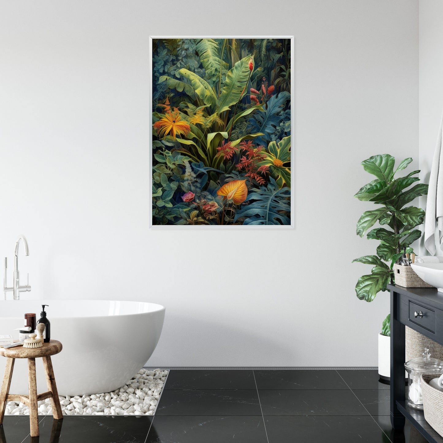 Poster Pflanzen Und Blätter In Einem Farbenfrohen Tropischen Dschungel Rahmen Holz Mit Passepartout Farbe Natürlich