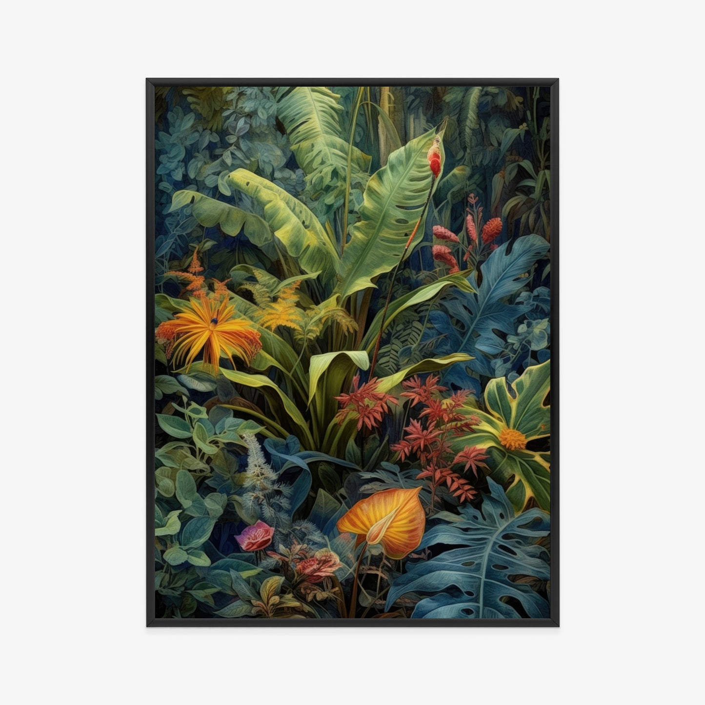 Poster Pflanzen Und Blätter In Einem Farbenfrohen Tropischen Dschungel Rahmen Holz Mit Passepartout Farbe Natürlich