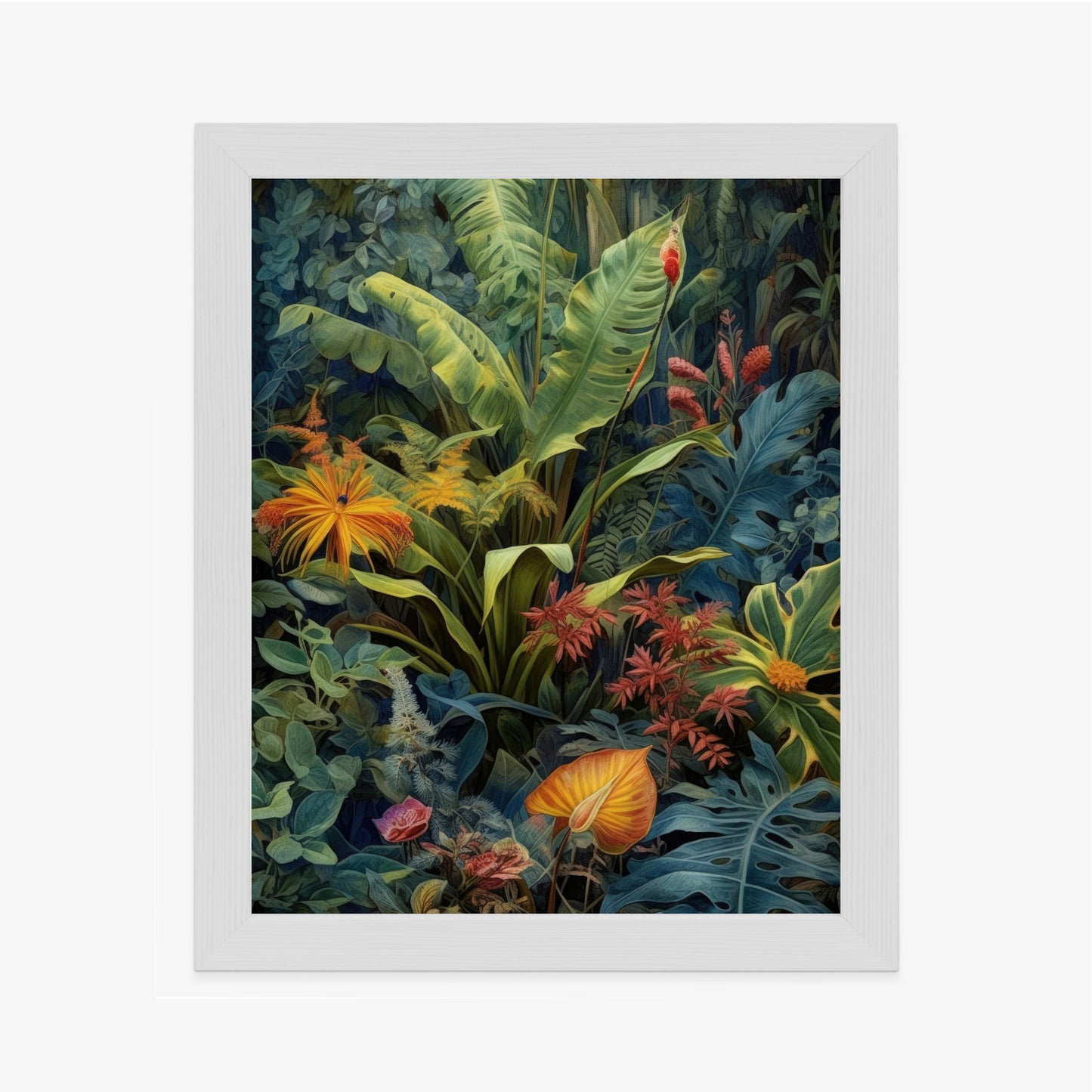 Poster Pflanzen Und Blätter In Einem Farbenfrohen Tropischen Dschungel Rahmen Holz Mit Passepartout Farbe Natürlich