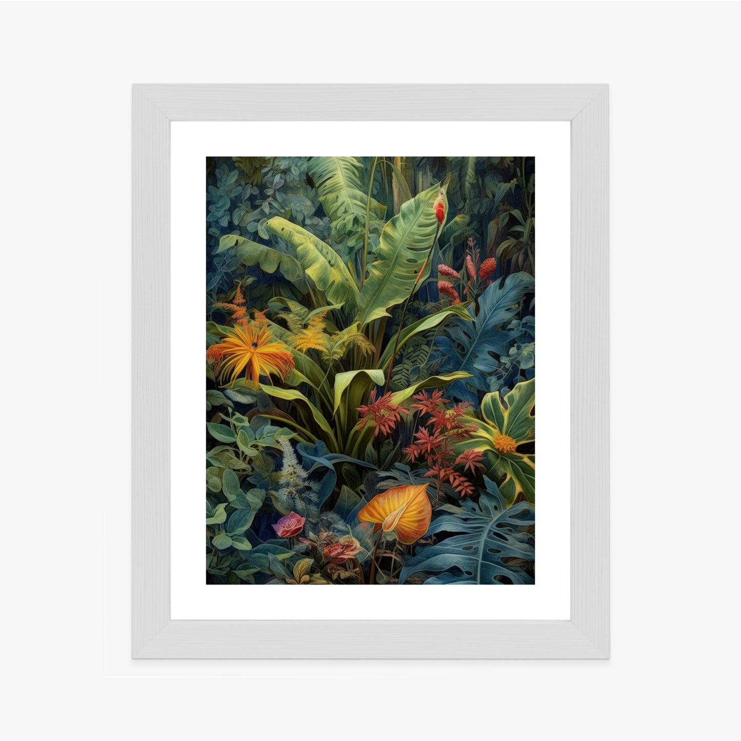 Poster Pflanzen Und Blätter In Einem Farbenfrohen Tropischen Dschungel Rahmen Holz Mit Passepartout Farbe Natürlich
