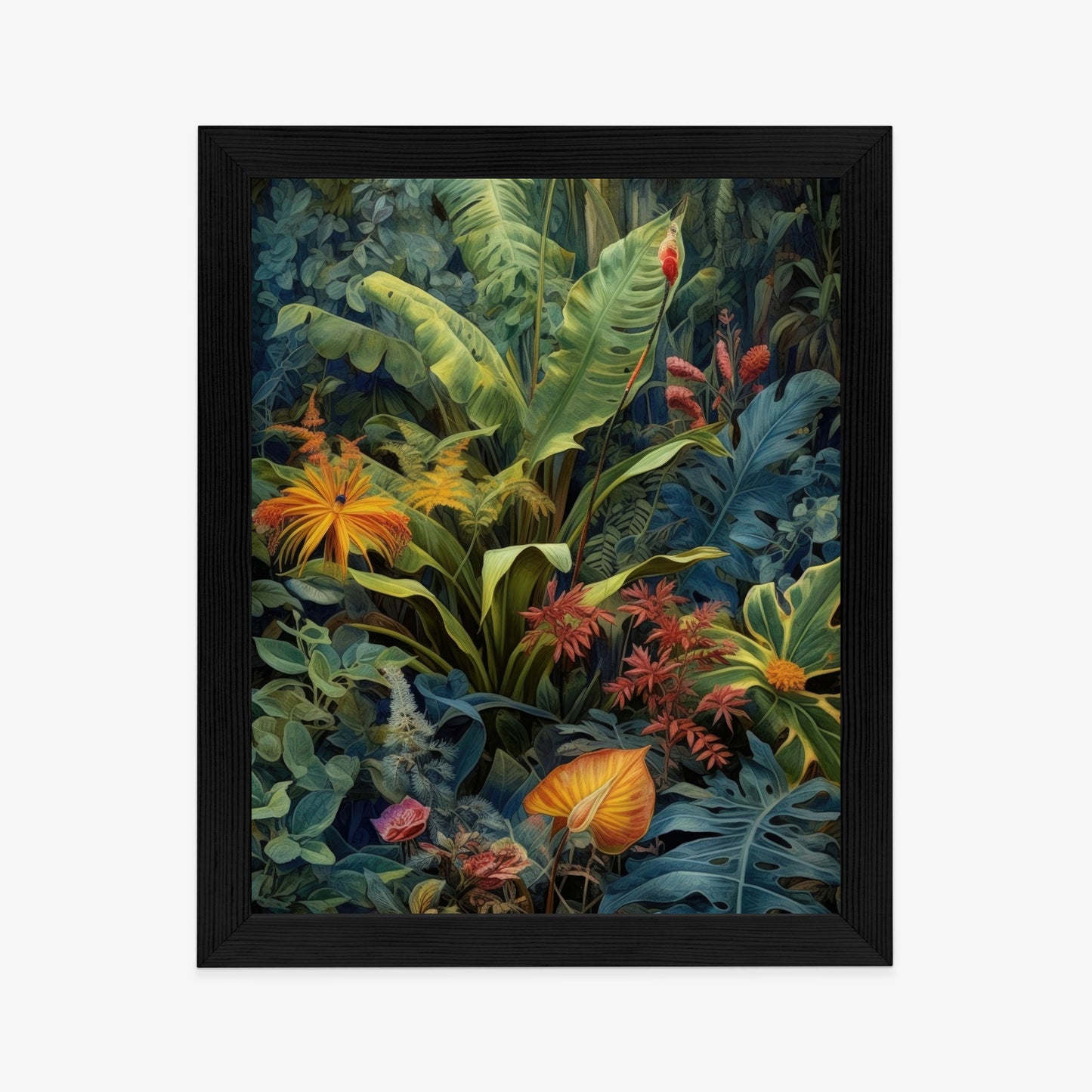 Poster Pflanzen Und Blätter In Einem Farbenfrohen Tropischen Dschungel Rahmen Holz Mit Passepartout Farbe Natürlich
