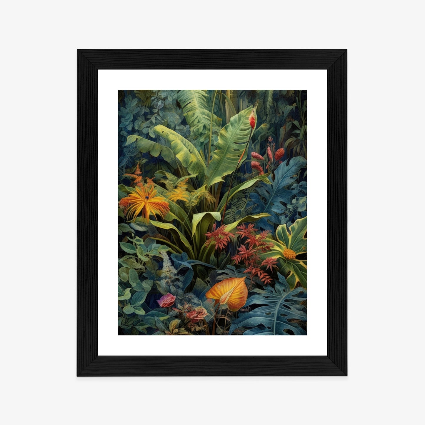 Poster Pflanzen Und Blätter In Einem Farbenfrohen Tropischen Dschungel Rahmen Holz Mit Passepartout Farbe Natürlich