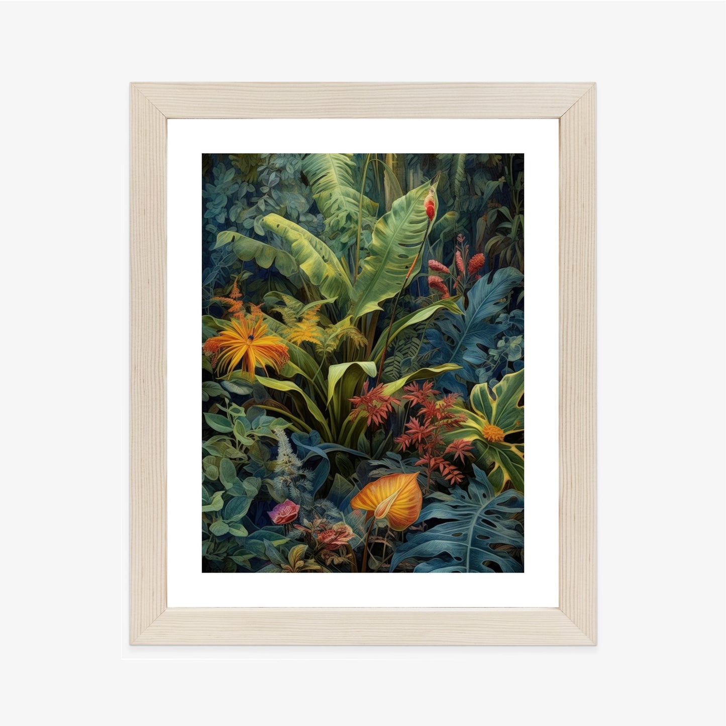 Poster Pflanzen Und Blätter In Einem Farbenfrohen Tropischen Dschungel Rahmen Holz Mit Passepartout Farbe Natürlich