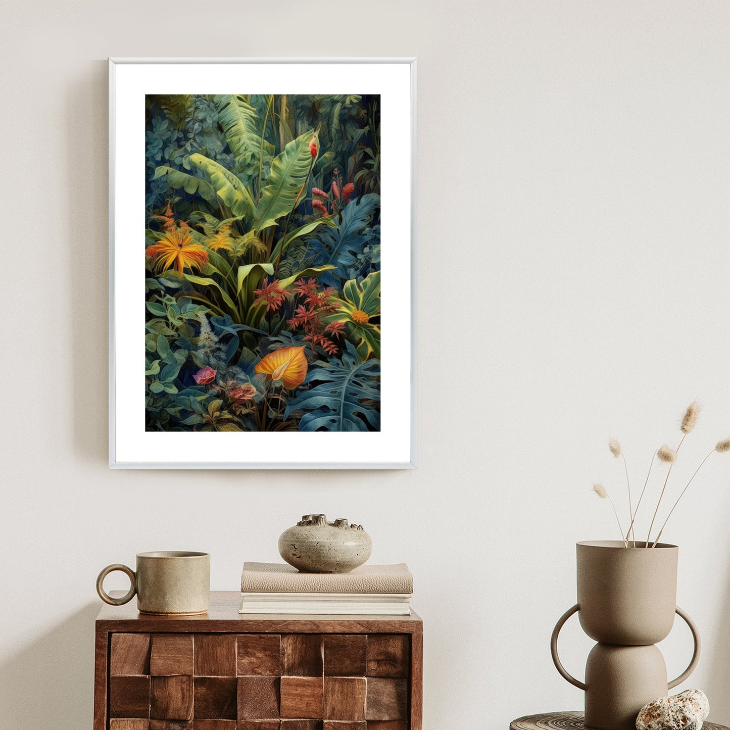 Poster Pflanzen Und Blätter In Einem Farbenfrohen Tropischen Dschungel Rahmen Holz Mit Passepartout Farbe Natürlich