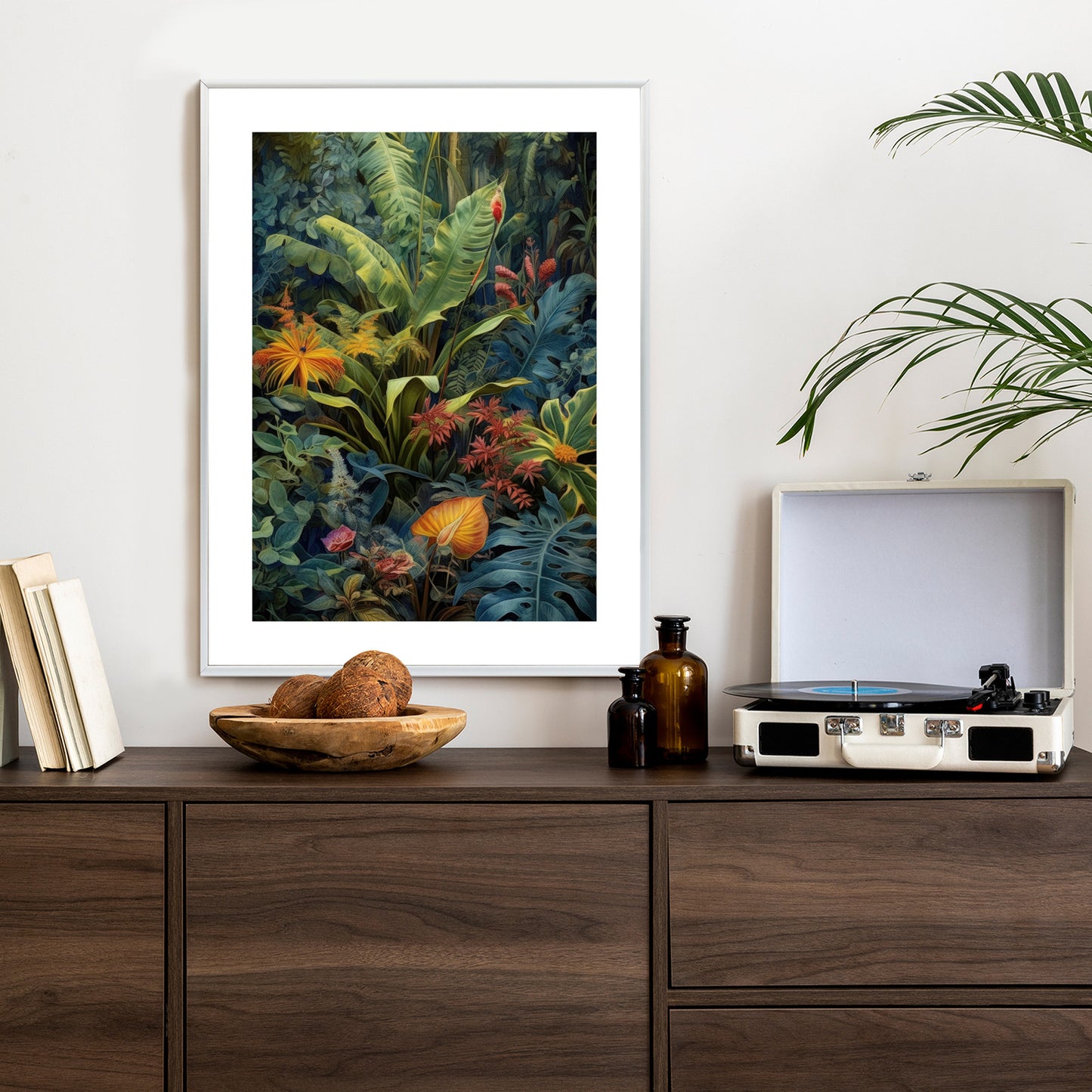 Poster Pflanzen Und Blätter In Einem Farbenfrohen Tropischen Dschungel Rahmen Holz Mit Passepartout Farbe Natürlich
