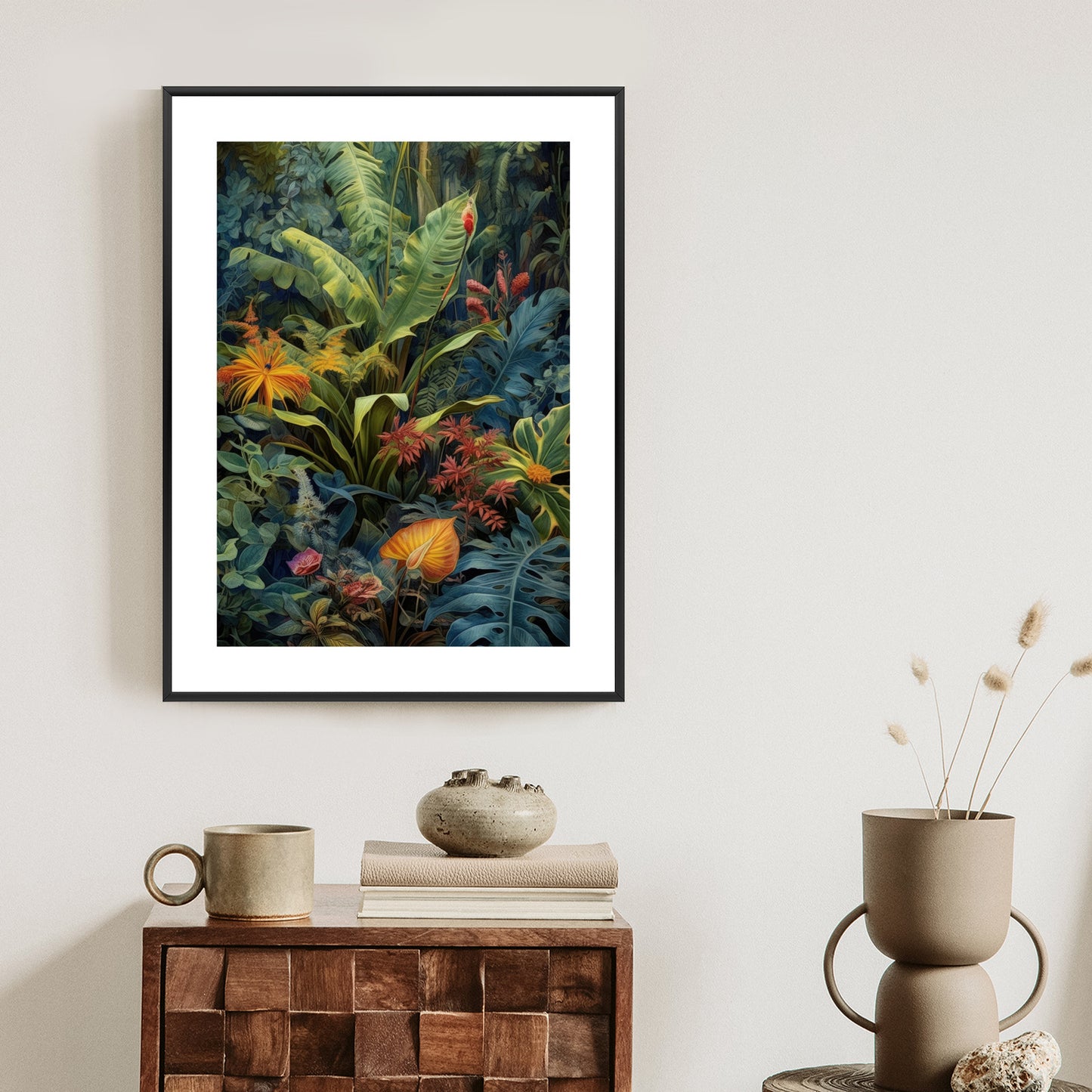 Poster Pflanzen Und Blätter In Einem Farbenfrohen Tropischen Dschungel Rahmen Holz Mit Passepartout Farbe Natürlich