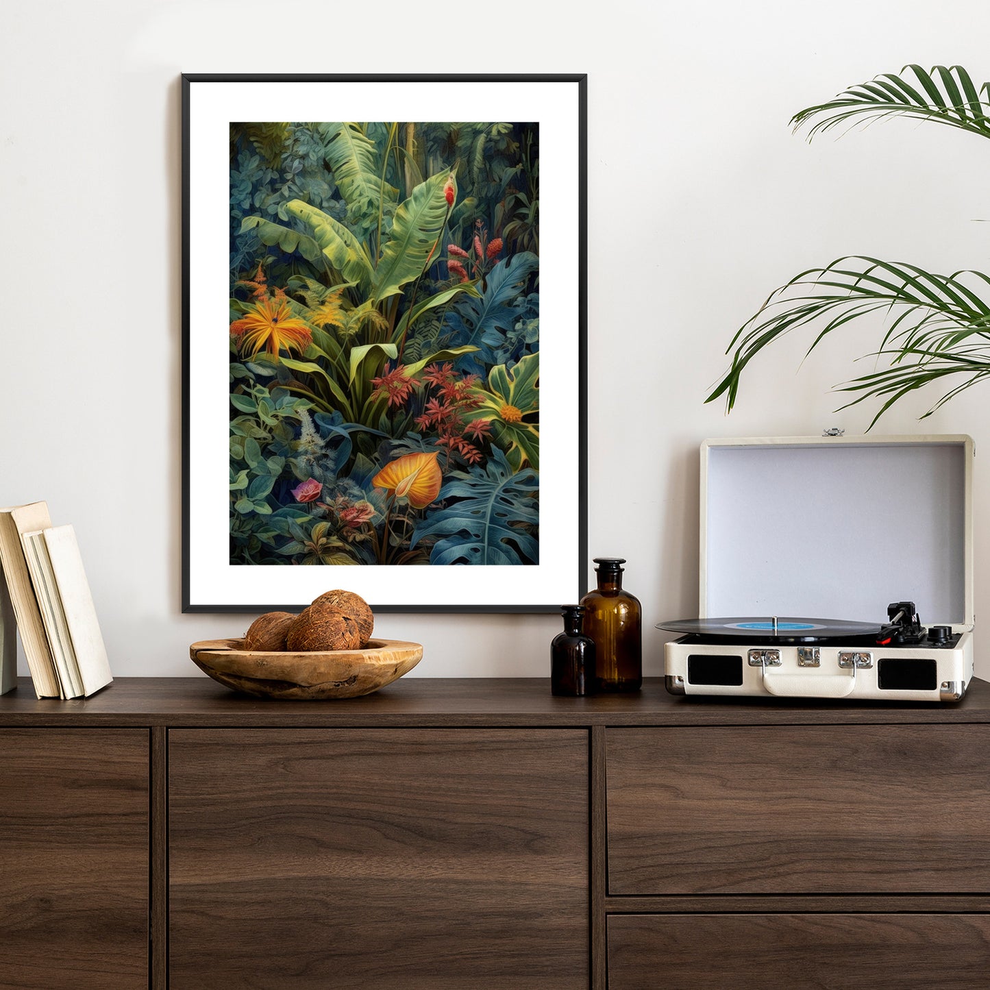 Poster Pflanzen Und Blätter In Einem Farbenfrohen Tropischen Dschungel Rahmen Holz Mit Passepartout Farbe Natürlich