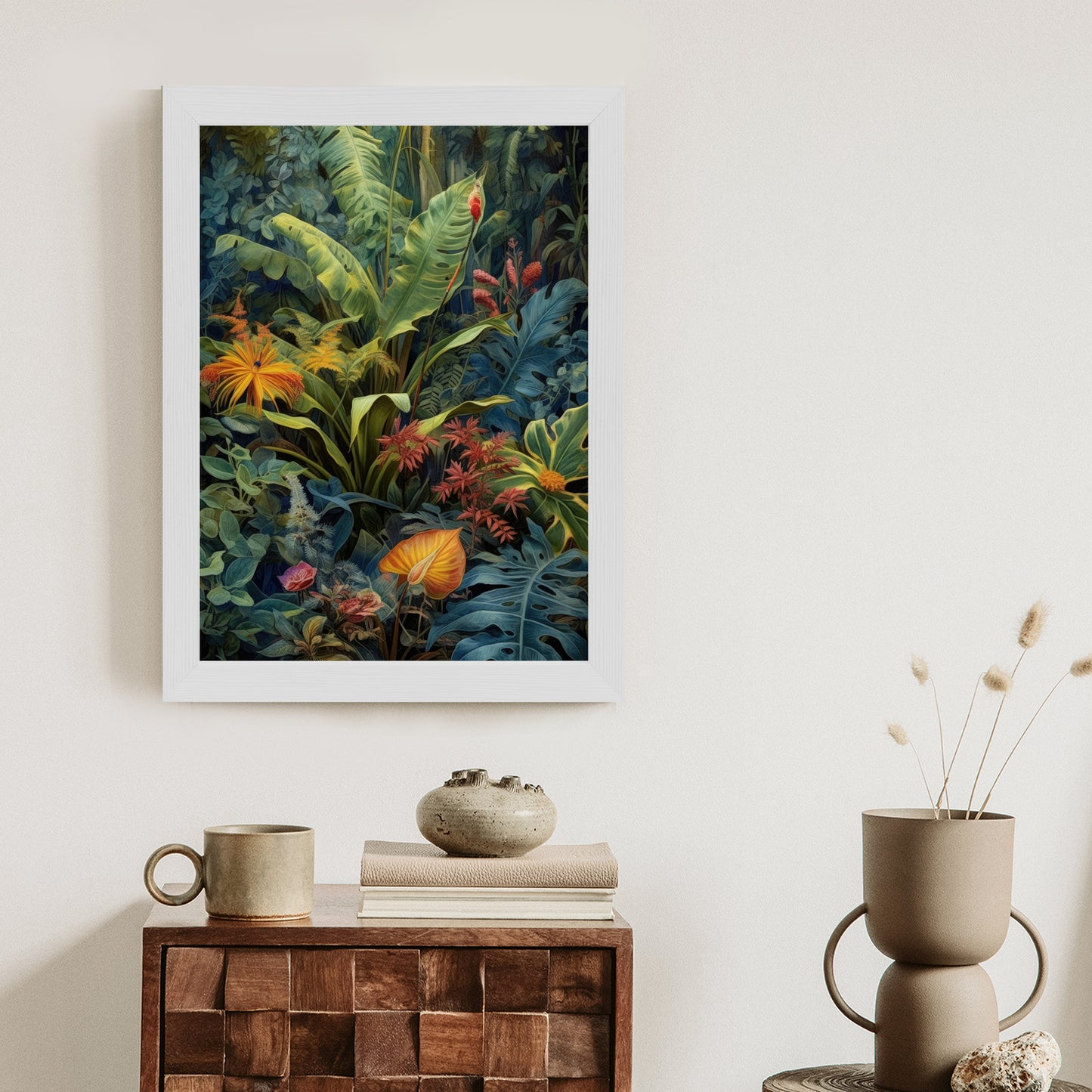 Poster Pflanzen Und Blätter In Einem Farbenfrohen Tropischen Dschungel Rahmen Holz Mit Passepartout Farbe Natürlich