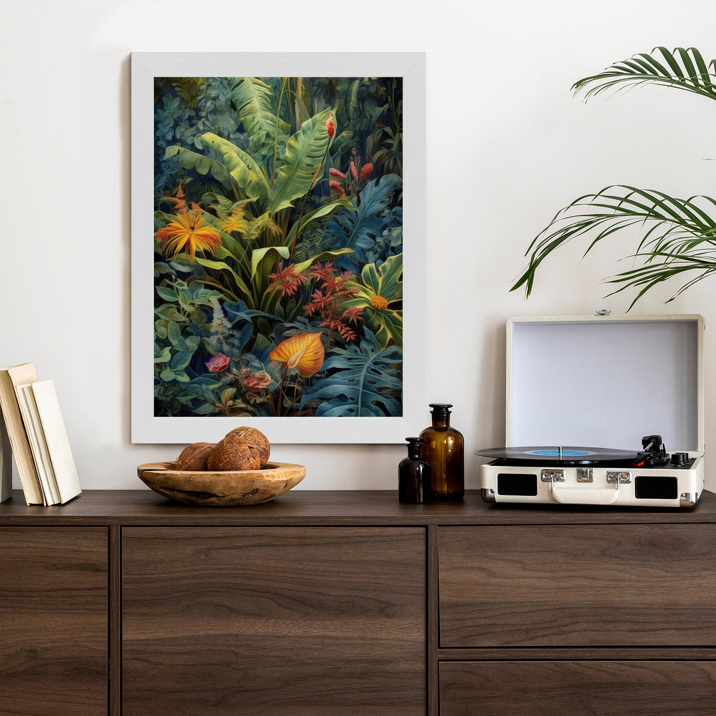 Poster Pflanzen Und Blätter In Einem Farbenfrohen Tropischen Dschungel Rahmen Holz Mit Passepartout Farbe Natürlich