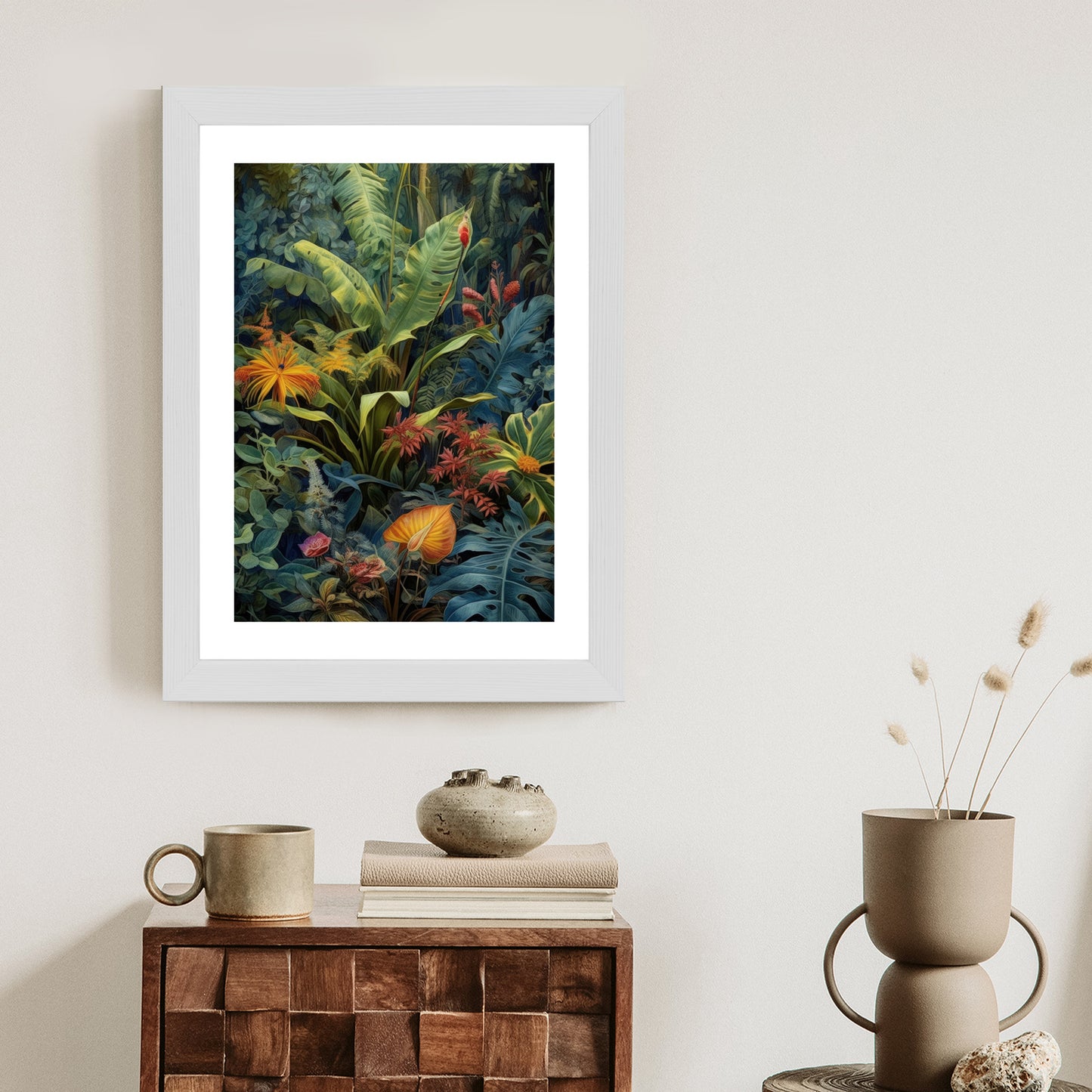 Poster Pflanzen Und Blätter In Einem Farbenfrohen Tropischen Dschungel Rahmen Holz Mit Passepartout Farbe Natürlich