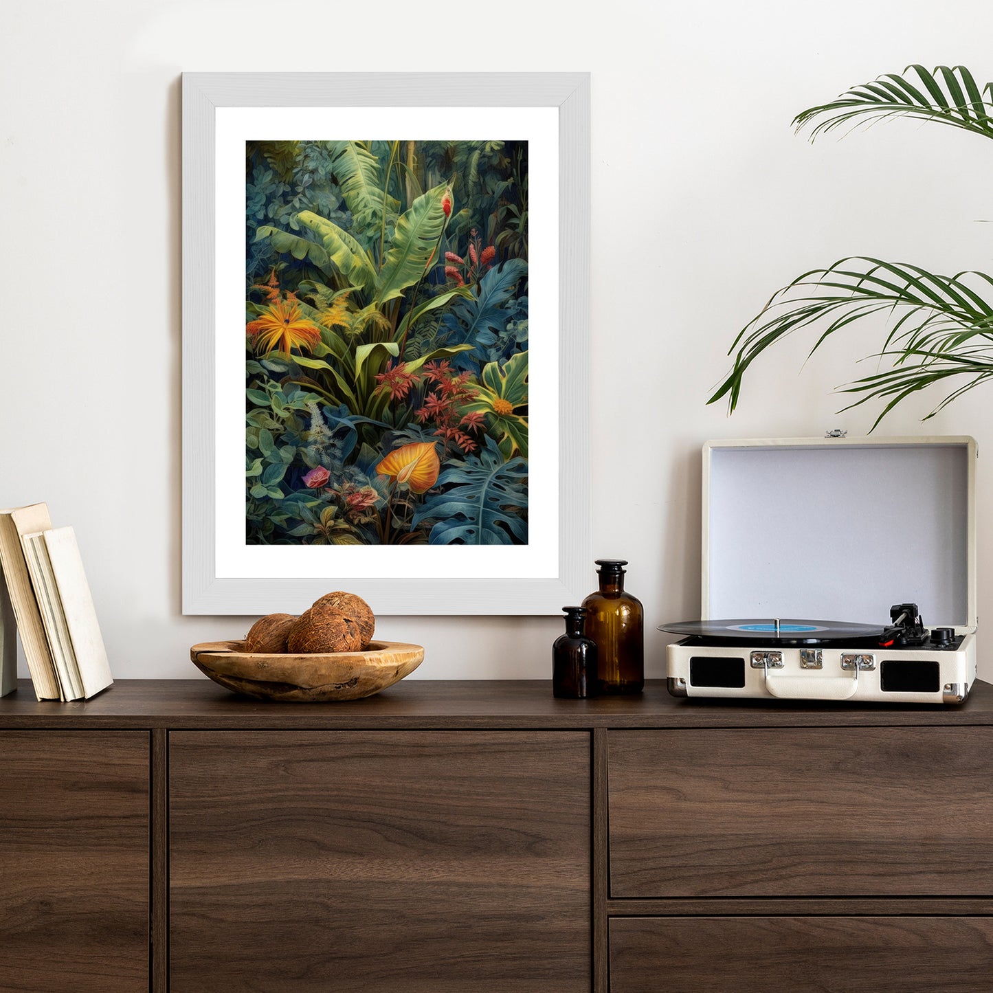 Poster Pflanzen Und Blätter In Einem Farbenfrohen Tropischen Dschungel Rahmen Holz Mit Passepartout Farbe Natürlich