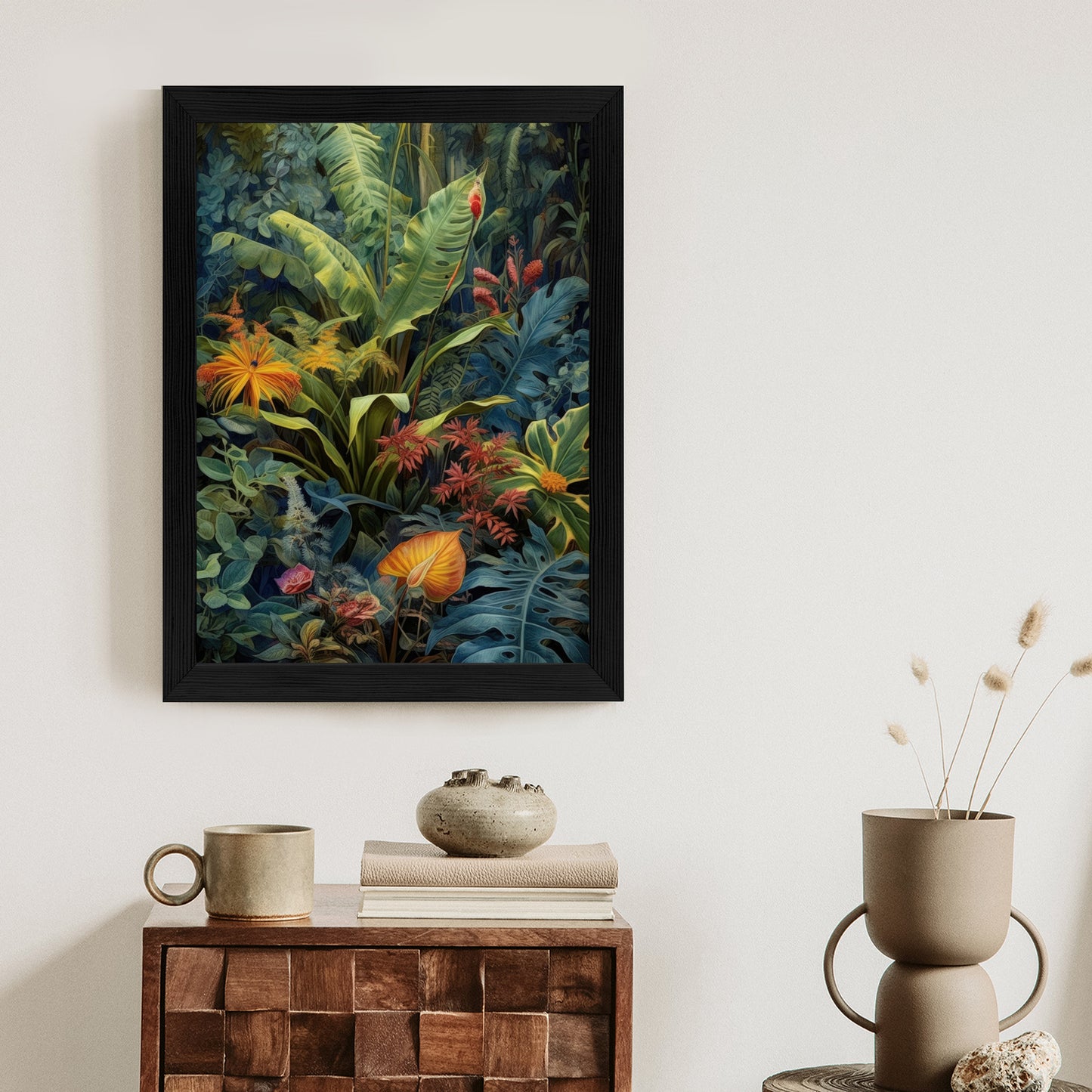 Poster Pflanzen Und Blätter In Einem Farbenfrohen Tropischen Dschungel Rahmen Holz Mit Passepartout Farbe Natürlich