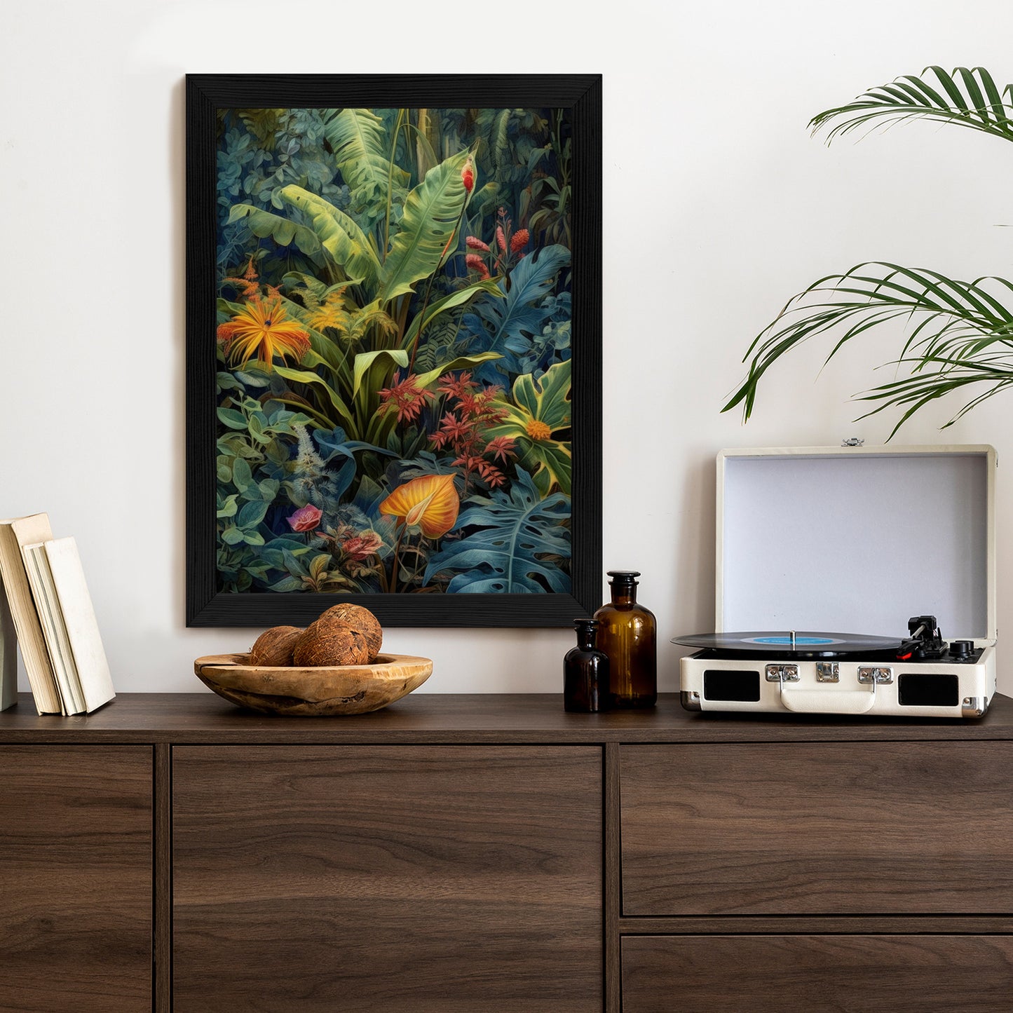 Poster Pflanzen Und Blätter In Einem Farbenfrohen Tropischen Dschungel Rahmen Holz Mit Passepartout Farbe Natürlich