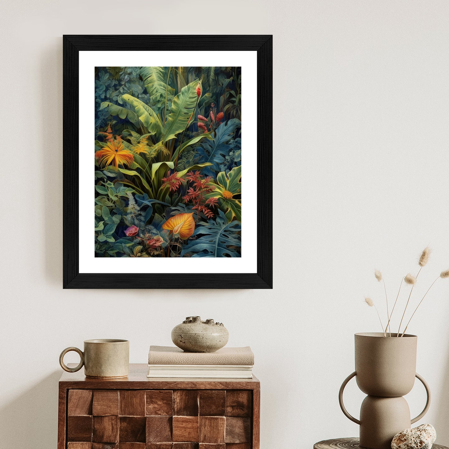 Poster Pflanzen Und Blätter In Einem Farbenfrohen Tropischen Dschungel Rahmen Holz Mit Passepartout Farbe Natürlich