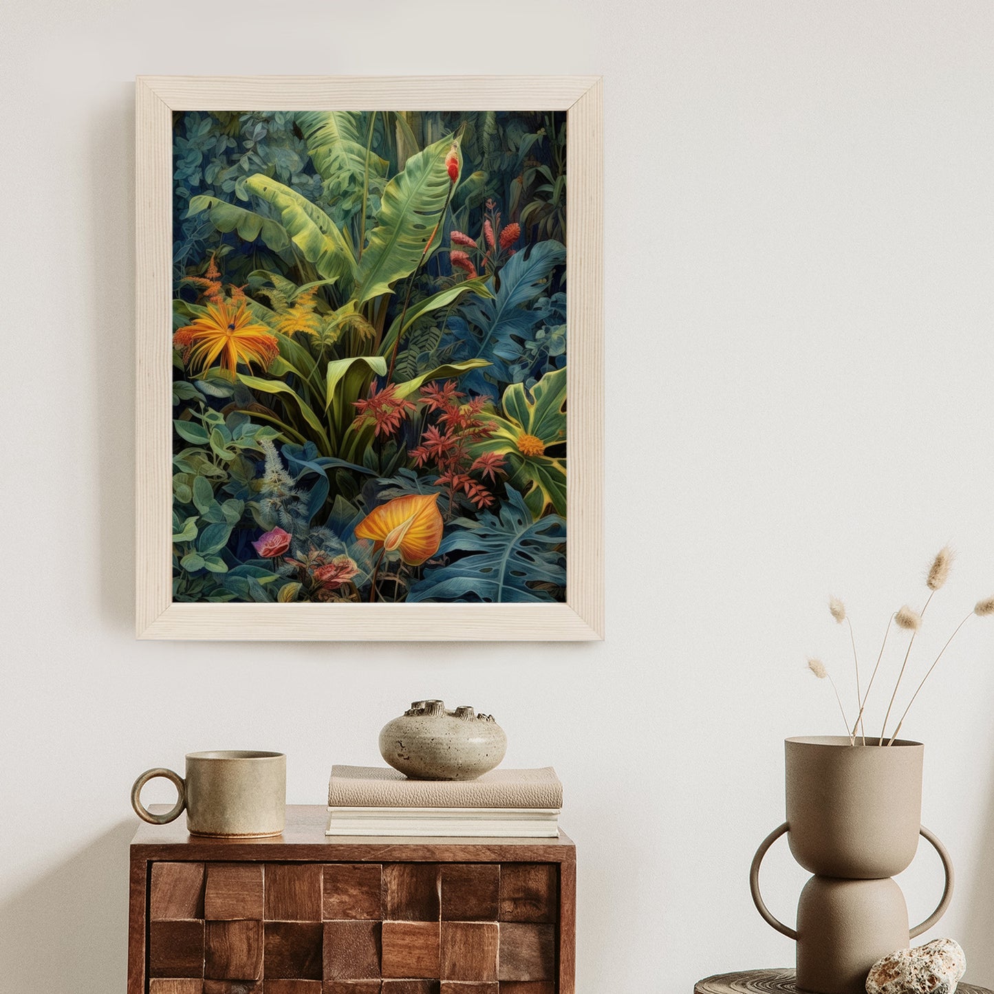 Poster Pflanzen Und Blätter In Einem Farbenfrohen Tropischen Dschungel Rahmen Holz Mit Passepartout Farbe Natürlich
