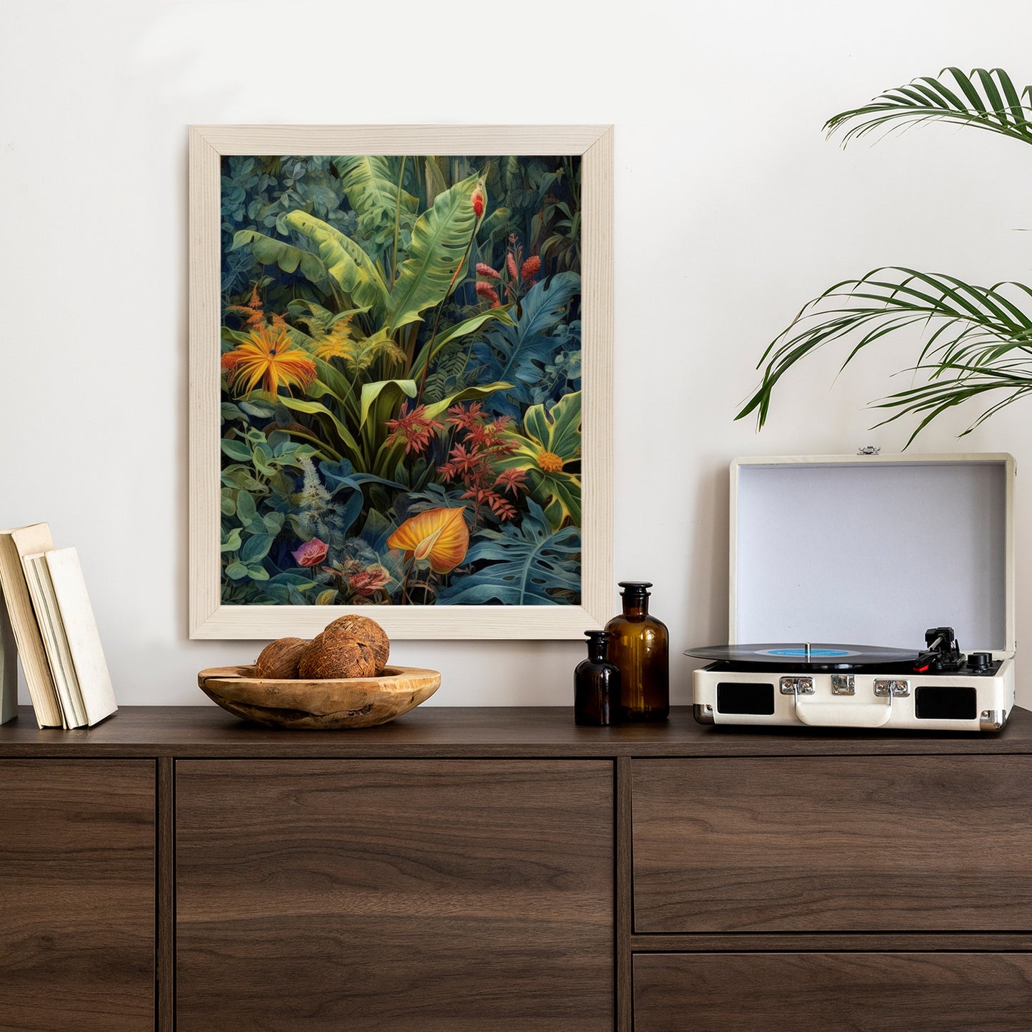 Poster Pflanzen Und Blätter In Einem Farbenfrohen Tropischen Dschungel Rahmen Holz Mit Passepartout Farbe Natürlich