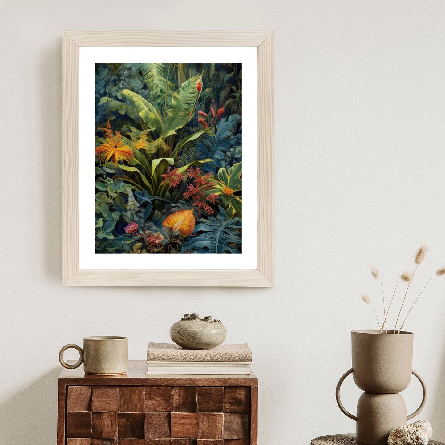 Poster Pflanzen Und Blätter In Einem Farbenfrohen Tropischen Dschungel Rahmen Holz Mit Passepartout Farbe Natürlich