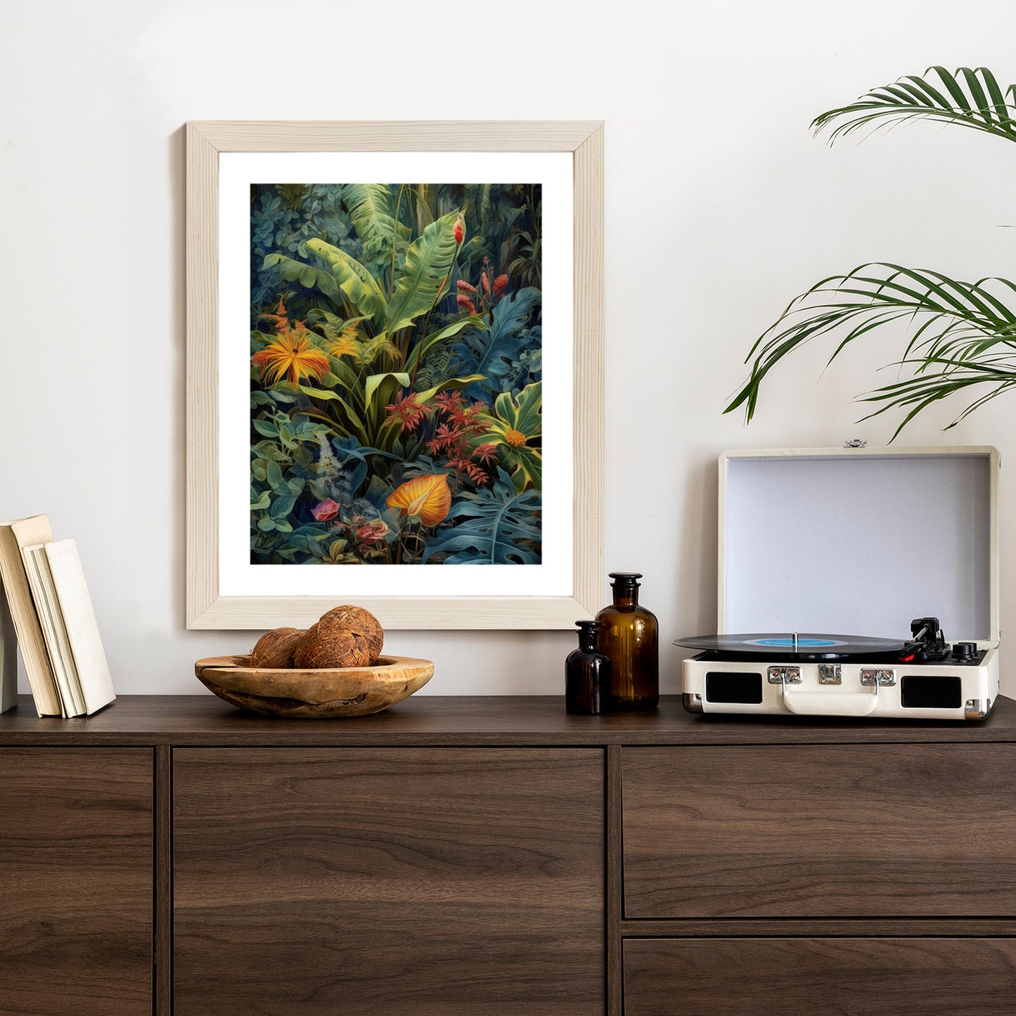 Poster Pflanzen Und Blätter In Einem Farbenfrohen Tropischen Dschungel Rahmen Holz Mit Passepartout Farbe Natürlich