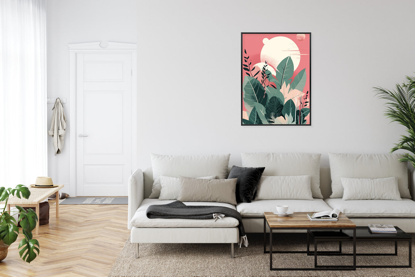 Poster Grüne Pflanzen Und Blätter Auf Einem Abstrakten Landschaftshintergrund Rahmen Holz Mit Passepartout Farbe Natürlich