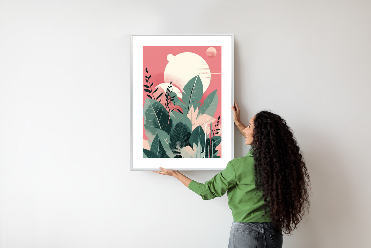 Poster Grüne Pflanzen Und Blätter Auf Einem Abstrakten Landschaftshintergrund Rahmen Holz Mit Passepartout Farbe Natürlich