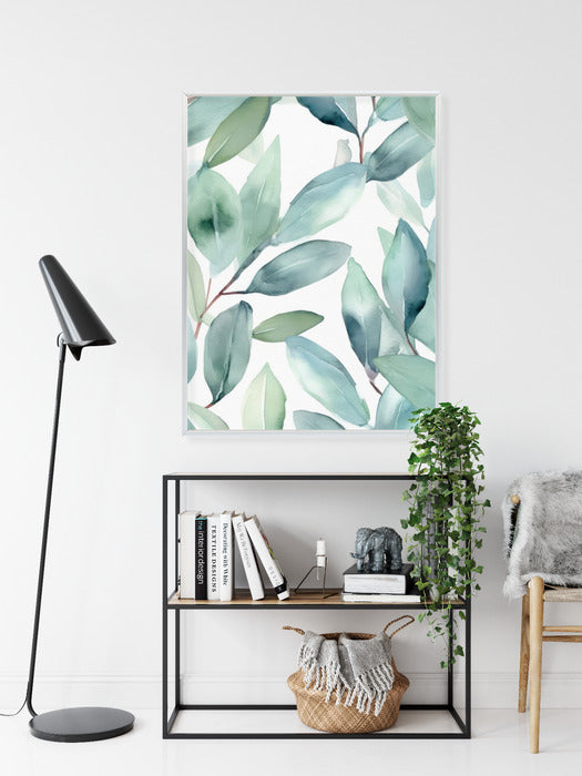 Poster Aquarell-Lorbeerblätter Rahmen Holz Mit Passepartout Farbe Natürlich