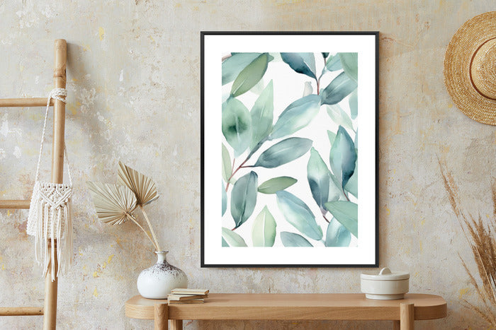 Poster Aquarell-Lorbeerblätter Rahmen Holz Mit Passepartout Farbe Natürlich