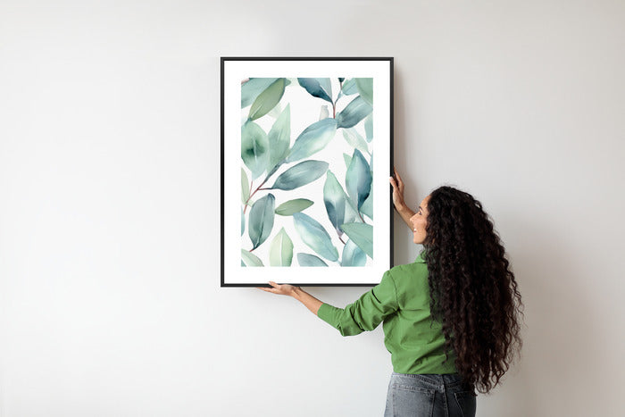 Poster Aquarell-Lorbeerblätter Rahmen Holz Mit Passepartout Farbe Natürlich